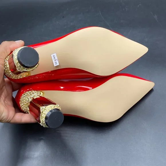 FSJ Red Bridal Pointed Toe Chunky Block Low Heel Crystal Pump - Picture 9 of 9